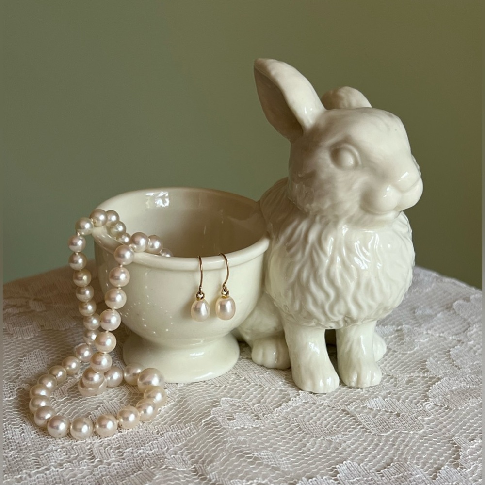 Vintage Porcelain Rabbit, Ivory Ceramic Bunny Egg Cup Holder, Trinket Dish